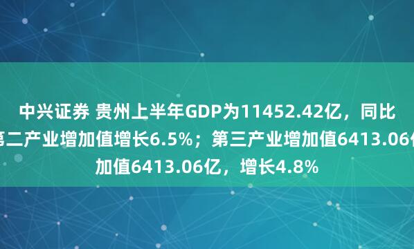 中兴证券 贵州上半年GDP为11452.42亿，同比增长5.3%！第二产业增加值增长6.5%；第三产业增加值6413.06亿，增长4.8%
